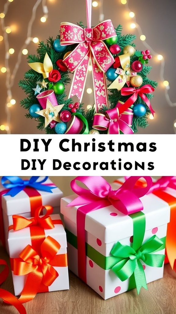 DIY Christmas decorations with colorful ribbons, including a wreath and gift boxes.